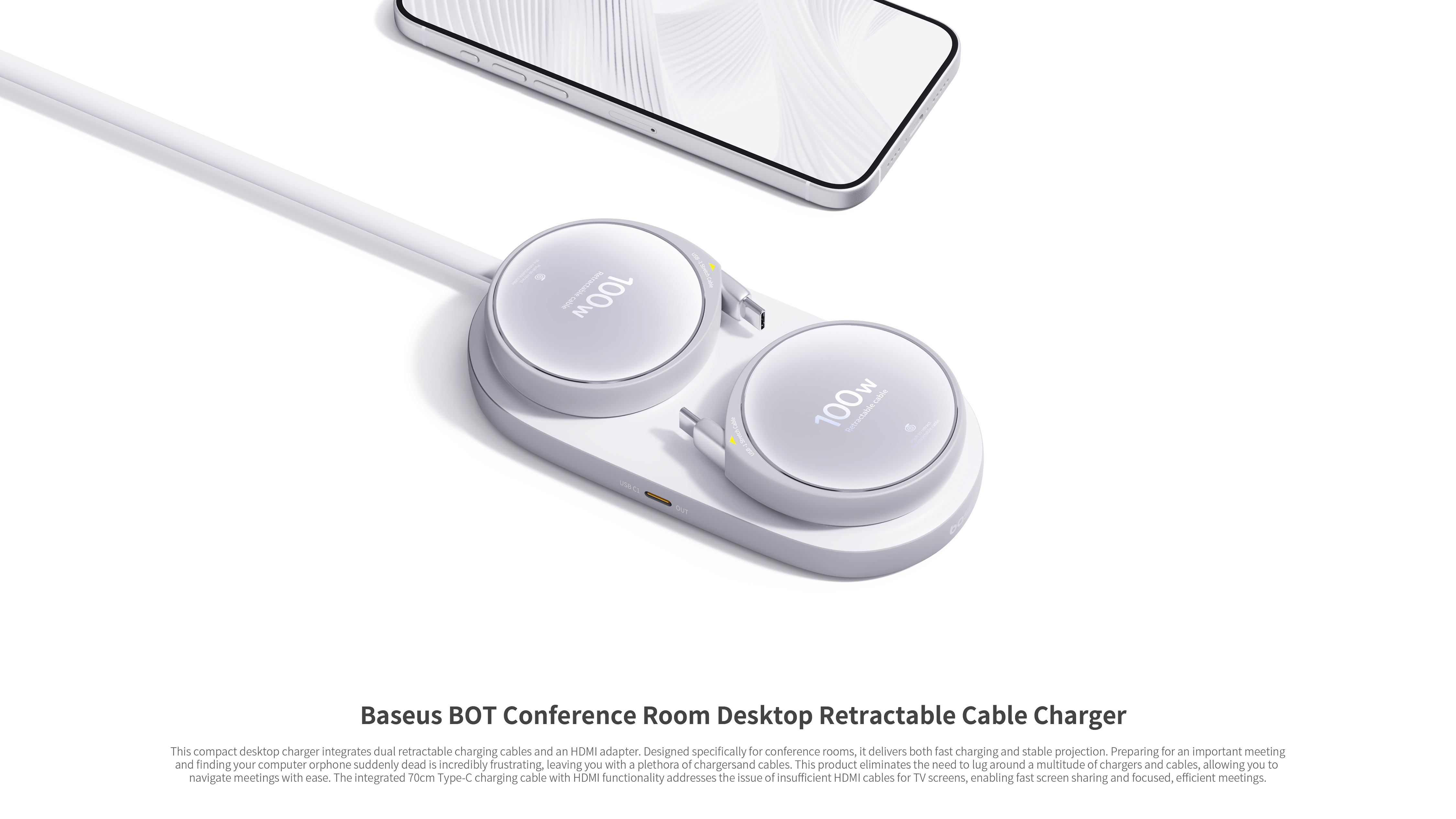 Office Desktop Power Strip with Retractable Cord