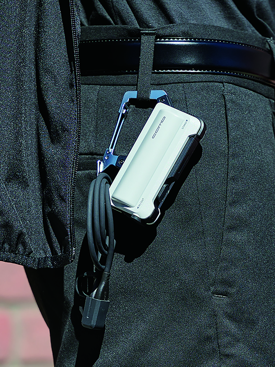 Mobile battery with integrated carabiner